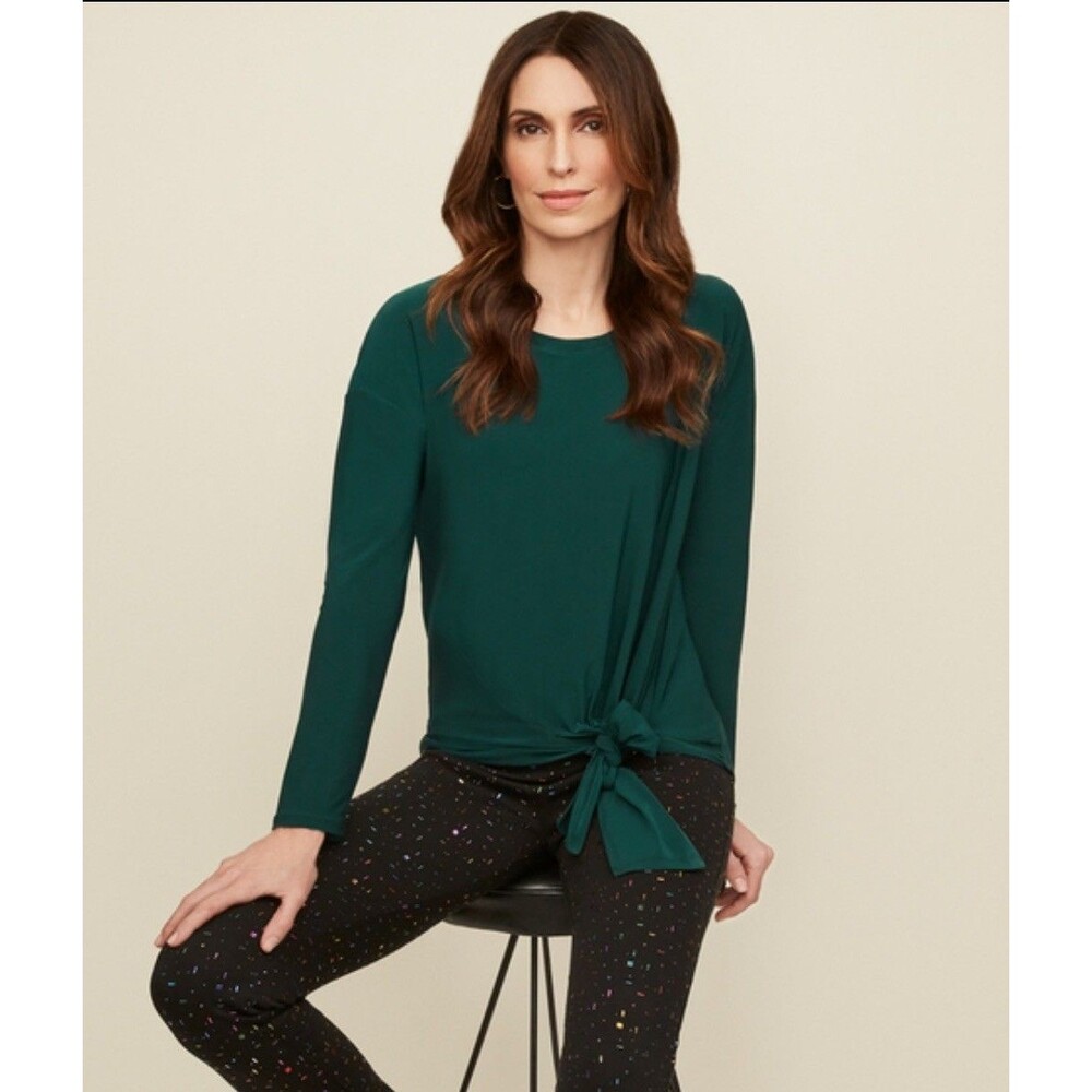 Joseph Ribkoff Tie Front Hem Tunic Top green Stretch Knit Long Sleeve Size 16